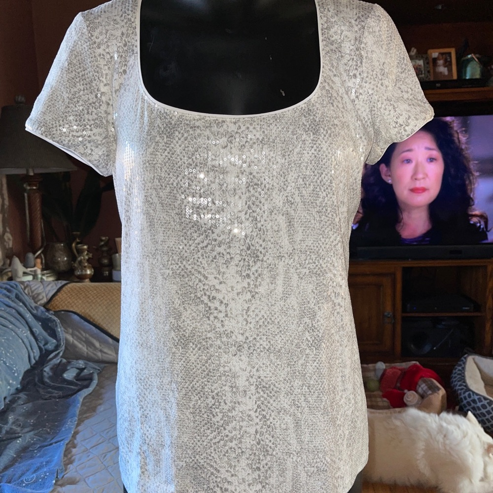 White House Black Market Gray Sequined Shirt M